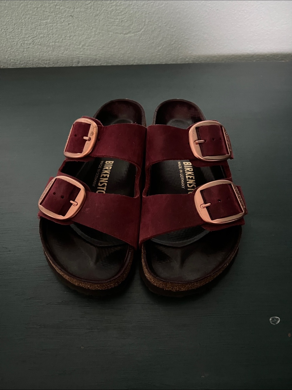 Birkenstock Arizona Suede Sandals in Deep Burgundy with Rose Gold Buckles